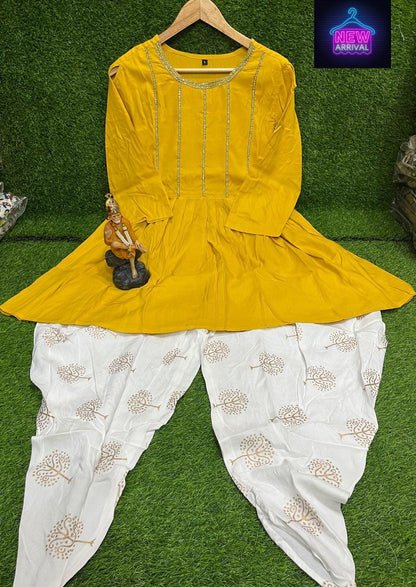 Lacework Cut Shoulder Top and Printed Dhoti Set in Rayon