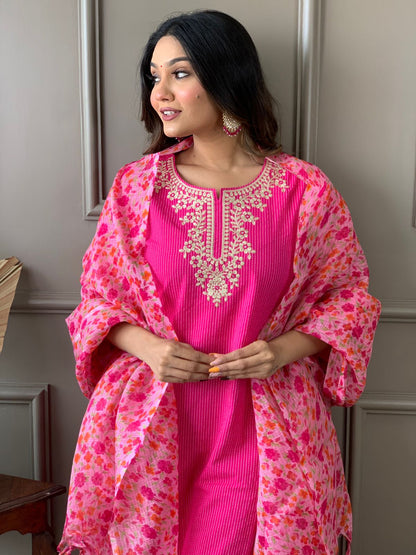 Kantha Suit Set with Cotton Kurta, Embroidery Work, and Flower Kota Silk Dupatta