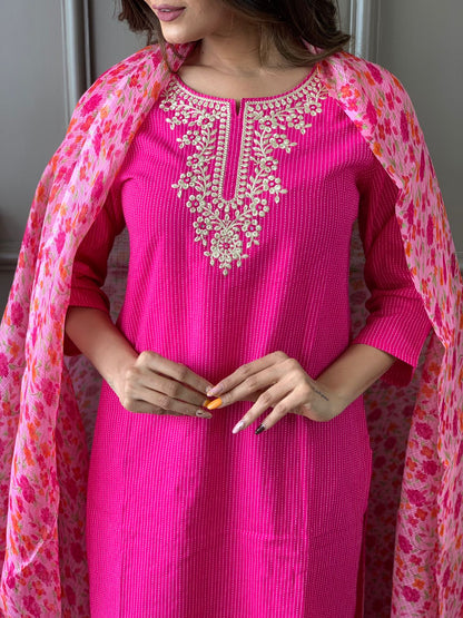 Kantha Suit Set with Cotton Kurta, Embroidery Work, and Flower Kota Silk Dupatta