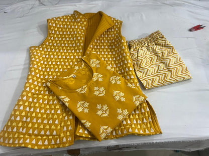 Cotton Kurti Pant Set with Quilted Cotton Jacket