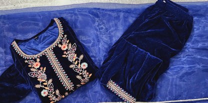 Velvet Suit Set with Thread Embroidery and Organza Dupatta