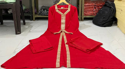 Red Lace-Work Suit Set with Palazzo Pant and Georgette Dupatta