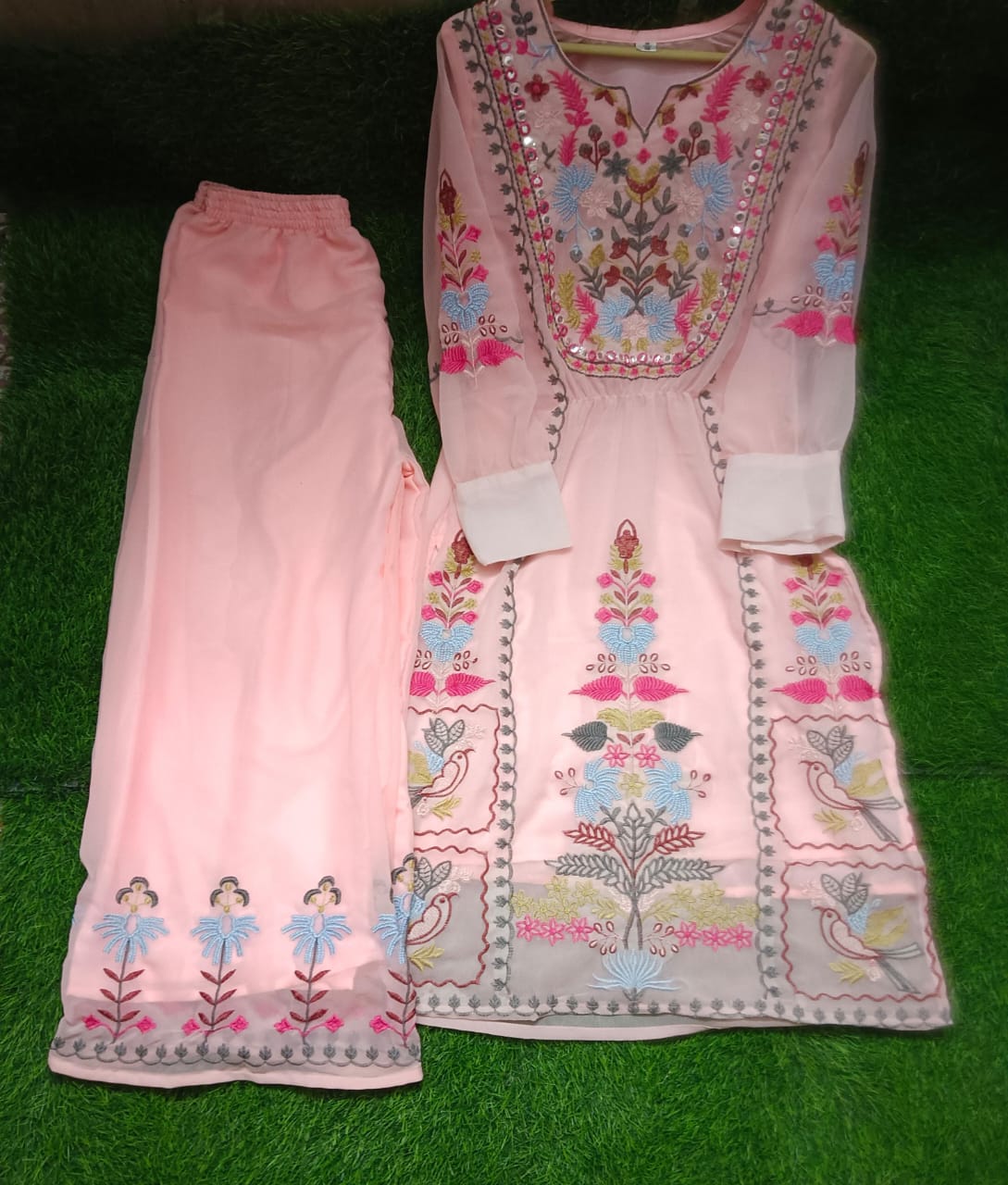 Georgette Embroidered Kurti Palazzo Dupatta Set with Mirror Work and Lining
