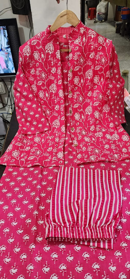 Cotton Kurti Pant Set with Warm Quilted Jacket