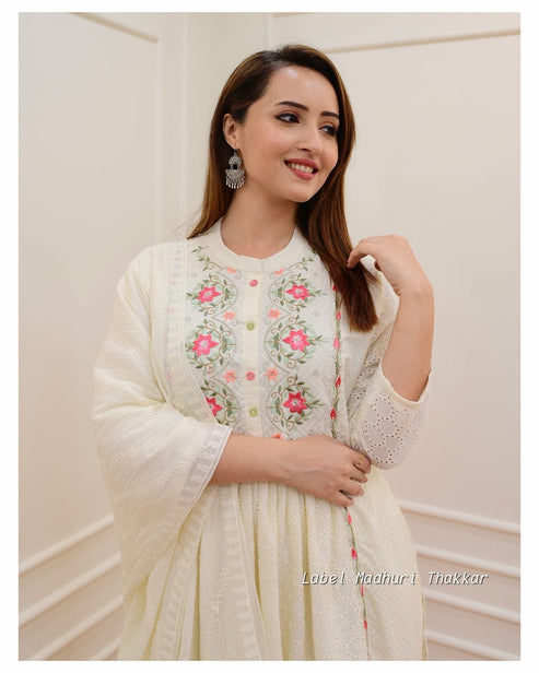 White Chikankari Schiffli Banarasi Cotton Suit Set With Maroon Dupatta main image 1