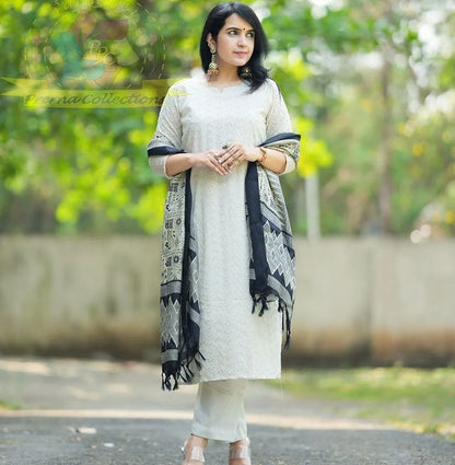 Cotton Chikankari Kurti Set with Khadi Silk Dupatta