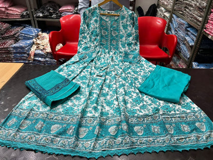 Sanganeri Print Flared Suit with Adda Work in Rayon
