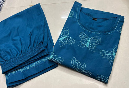 Teal Blue Butterfly Embroidery Kurti Set with Lace Detailing