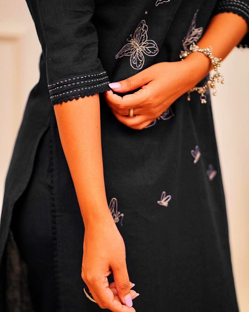 Black Butterfly Embroidery Kurti Set with Lace Details