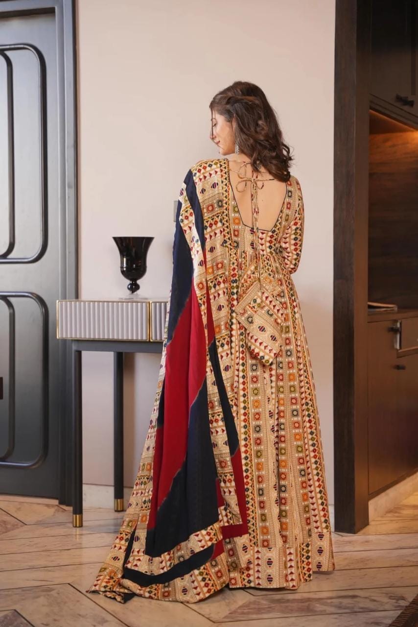 Rayon Gown with Mulmul Dupatta - Printed Design with Tassel and Gota Lace Work