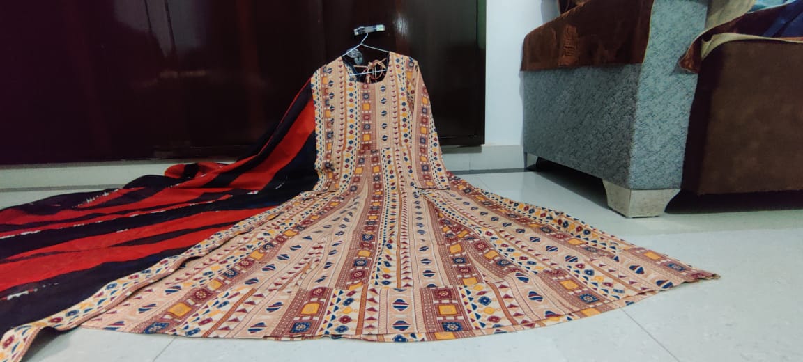 Rayon Gown with Mulmul Dupatta - Printed Design with Tassel and Gota Lace Work