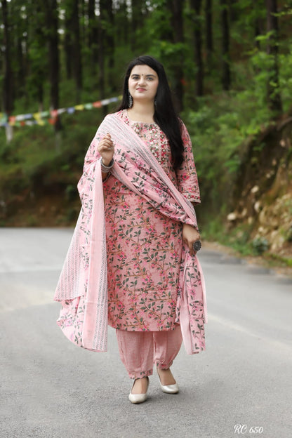 Pink Cotton Embroidered Kurta with Afghani Pant and Dupatta Set