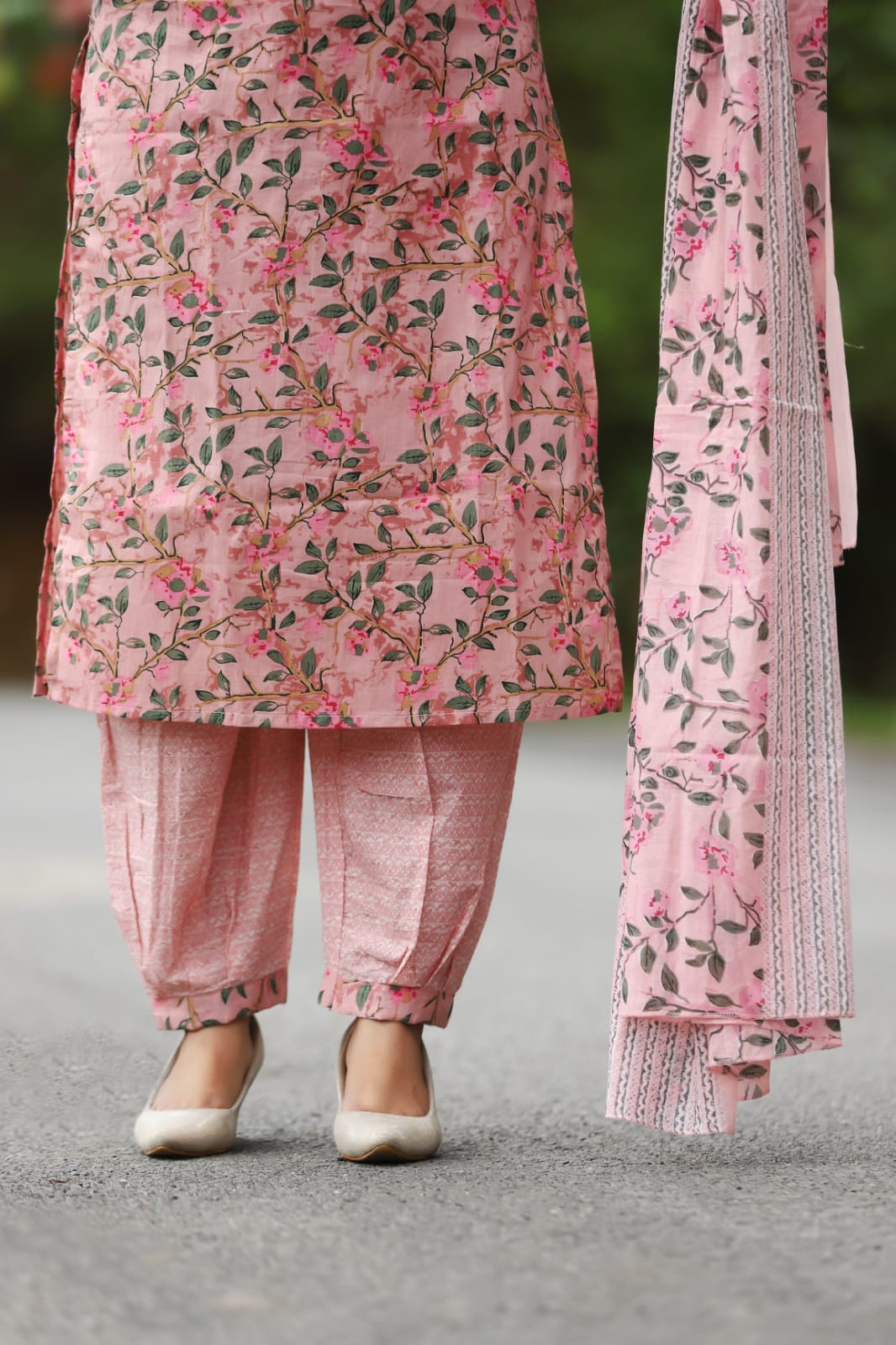 Pink Cotton Embroidered Kurta with Afghani Pant and Dupatta Set