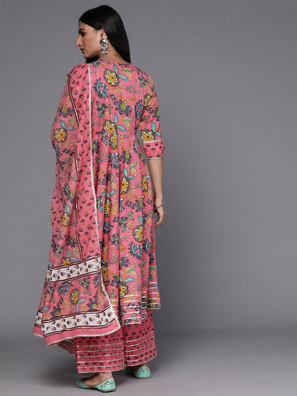 Cotton Anarkali Suit with Proceen Print, Gota Work, and Printed Dupatta