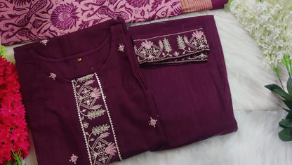 Cotton Embroidered Kurta with Lace Yoke, Pant, and Silk Dupatta Set