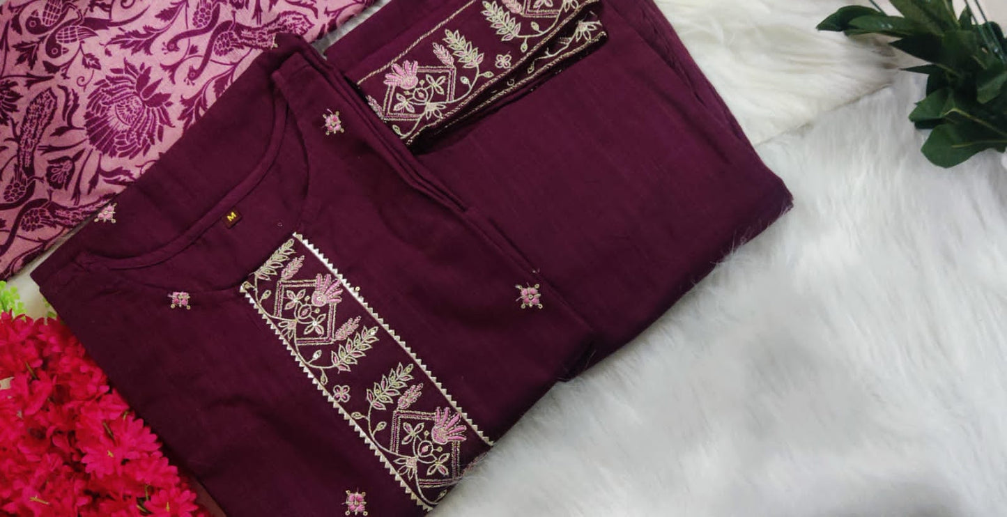 Cotton Embroidered Kurta with Lace Yoke, Pant, and Silk Dupatta Set
