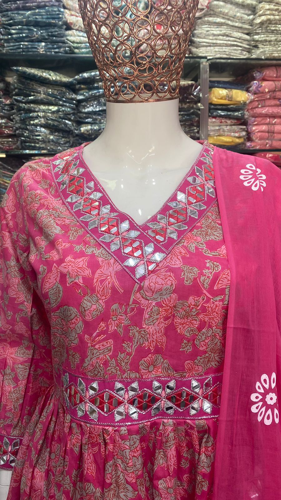 Cotton Printed Naira Cut Kurti with Embroidery, Pant, and Mulmul Dupatta Set