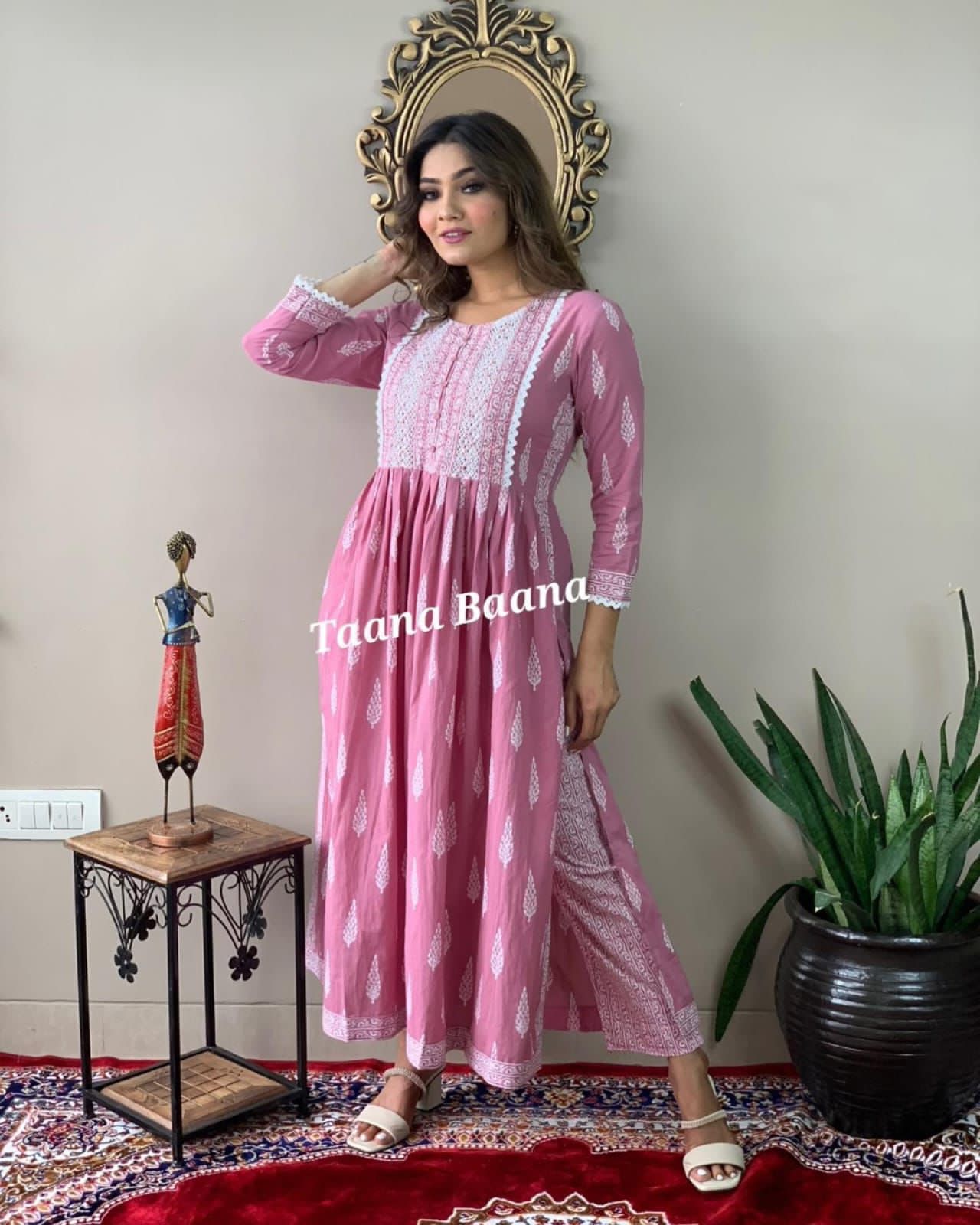 Naira Cut Kurti with Pant - Lace-Designed Yoke in Rayon (140gm)