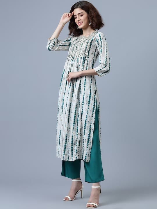 Turquoise Blue Rayon Thread Work Kurti Set with Trouser and Dupatta