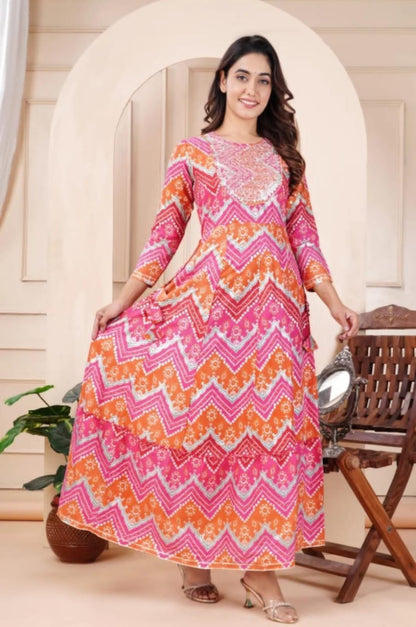 Bandhani Print Rayon Gown with Embroidery and Gota Work - Full Flair, 50" Length