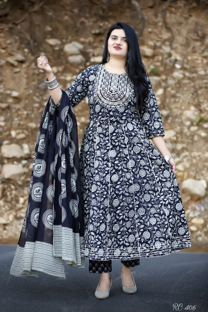 Black Cotton Suit with Embroidered Kurta, Cigarette Pant, and Malmal Dupatta