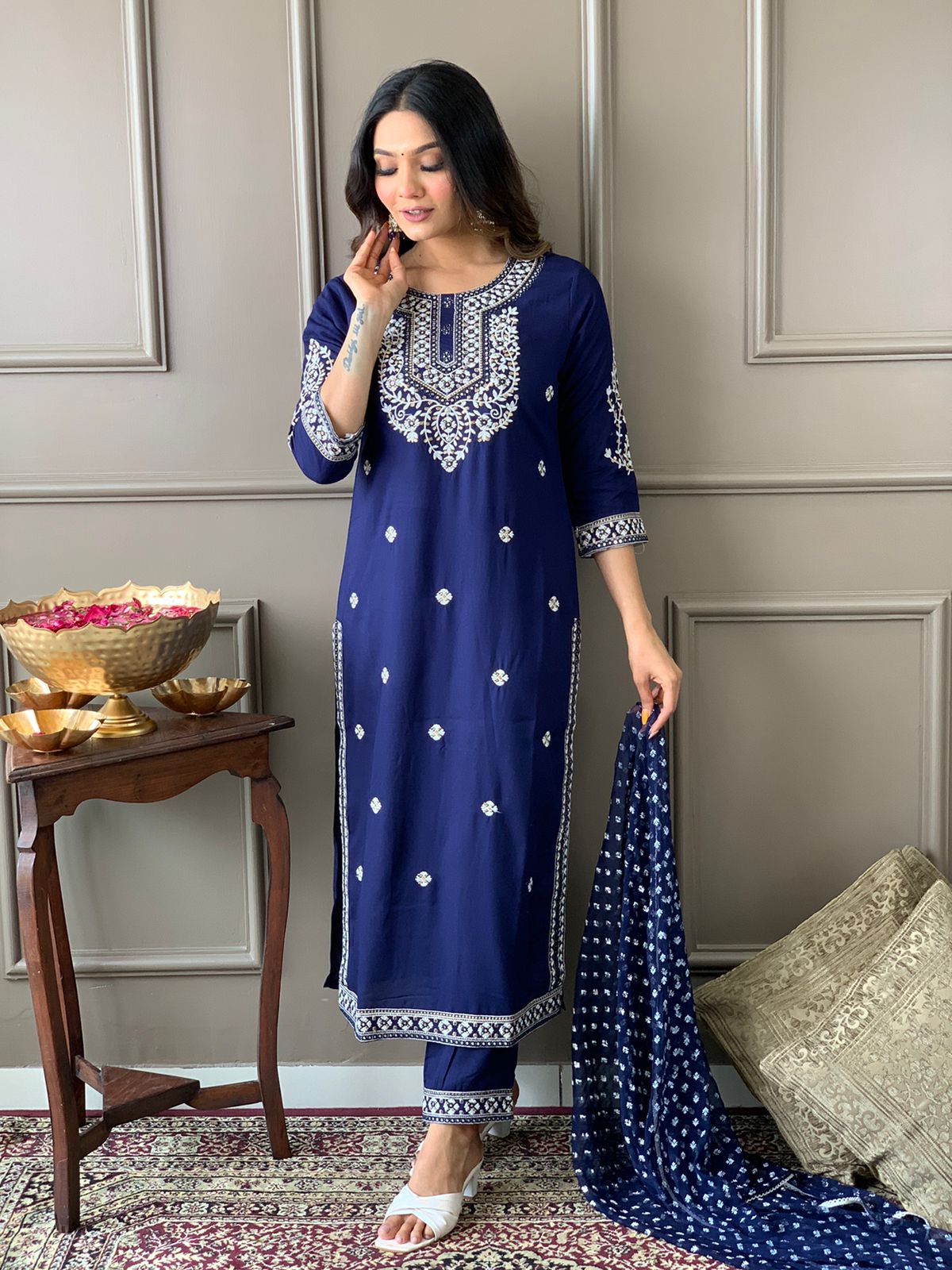 Navy Blue Embroidered Rayon Kurta Set with Pant and Dupatta