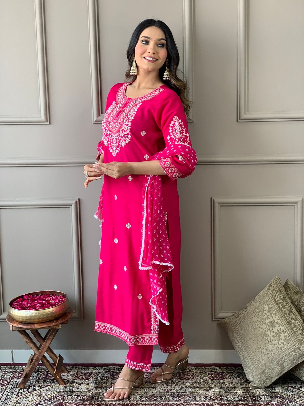 Hot Pink Rani Rayon Embroidered Kurta Set with Dupatta