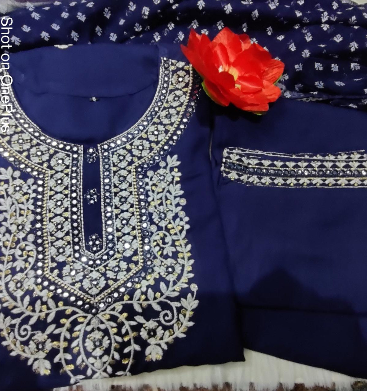 Navy Blue Embroidered Rayon Kurta Set with Pant and Dupatta