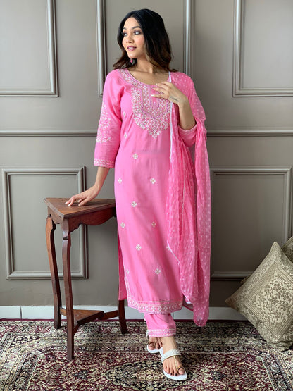 Baby Pink Rayon Embroidered Kurta with Pant and Dupatta Set