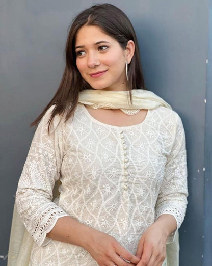 Chikankari Cream White Cotton Kurti Afghan Pant Set with Chanderi Dupatta