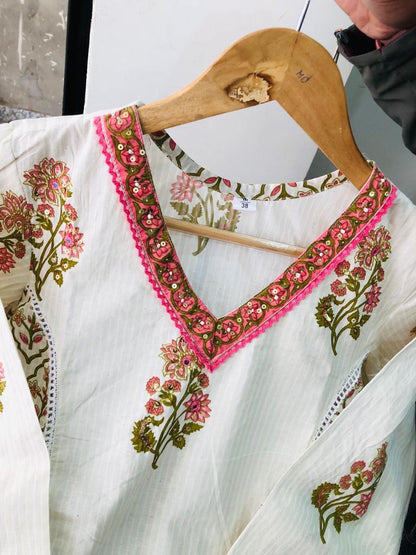 Pink Floral Afghani Suit Set with Motif Decorations - Cotton Fabric - 3 Piece Ensemble