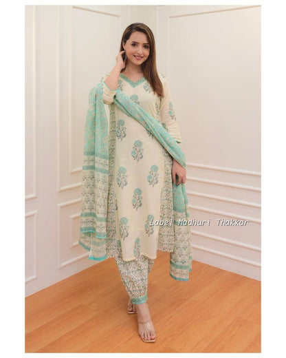 Green Floral Afghani Suit Set with Cotton Fabric - Top, Bottom & Dupatta