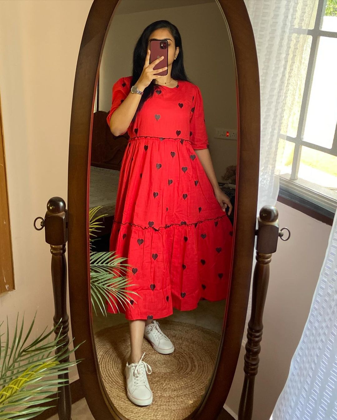 Red Cotton Midi Dress