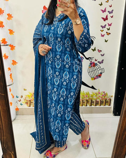 Blue Printed Cotton Kurta Set with Embroidered Neck and Cotton Dupatta