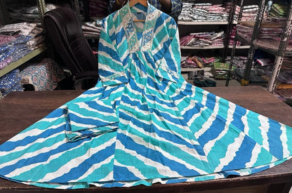 Cotton Anarkali Kurta Pant Set with Neck Embroidery