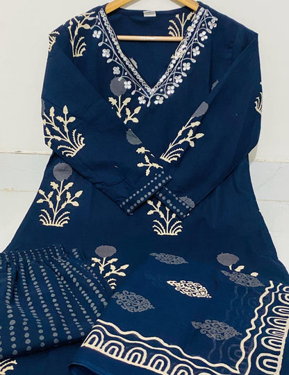 Blue Cotton Discharge Printed Suit Set with Dupatta and Pant