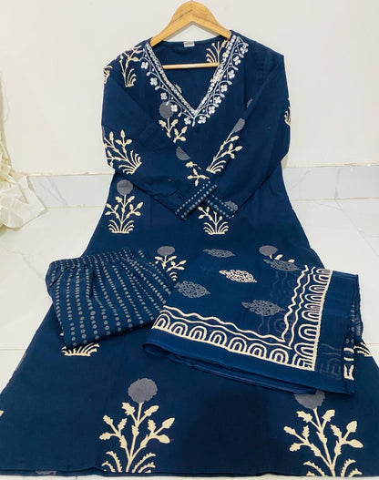 Blue Cotton Discharge Printed Suit Set with Dupatta and Pant