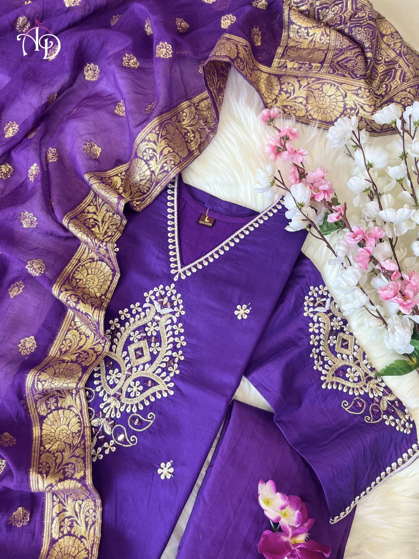 Purple Mirror Work Suit Set in Banana Cotton Silk