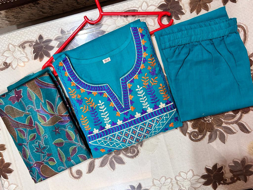 Aari Embroidered Handloom Set with Kantha Print Dupatta