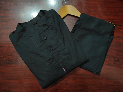 Black Cotton Pant Set: Pleated Kurta with Embellishments & Crocheted Pant