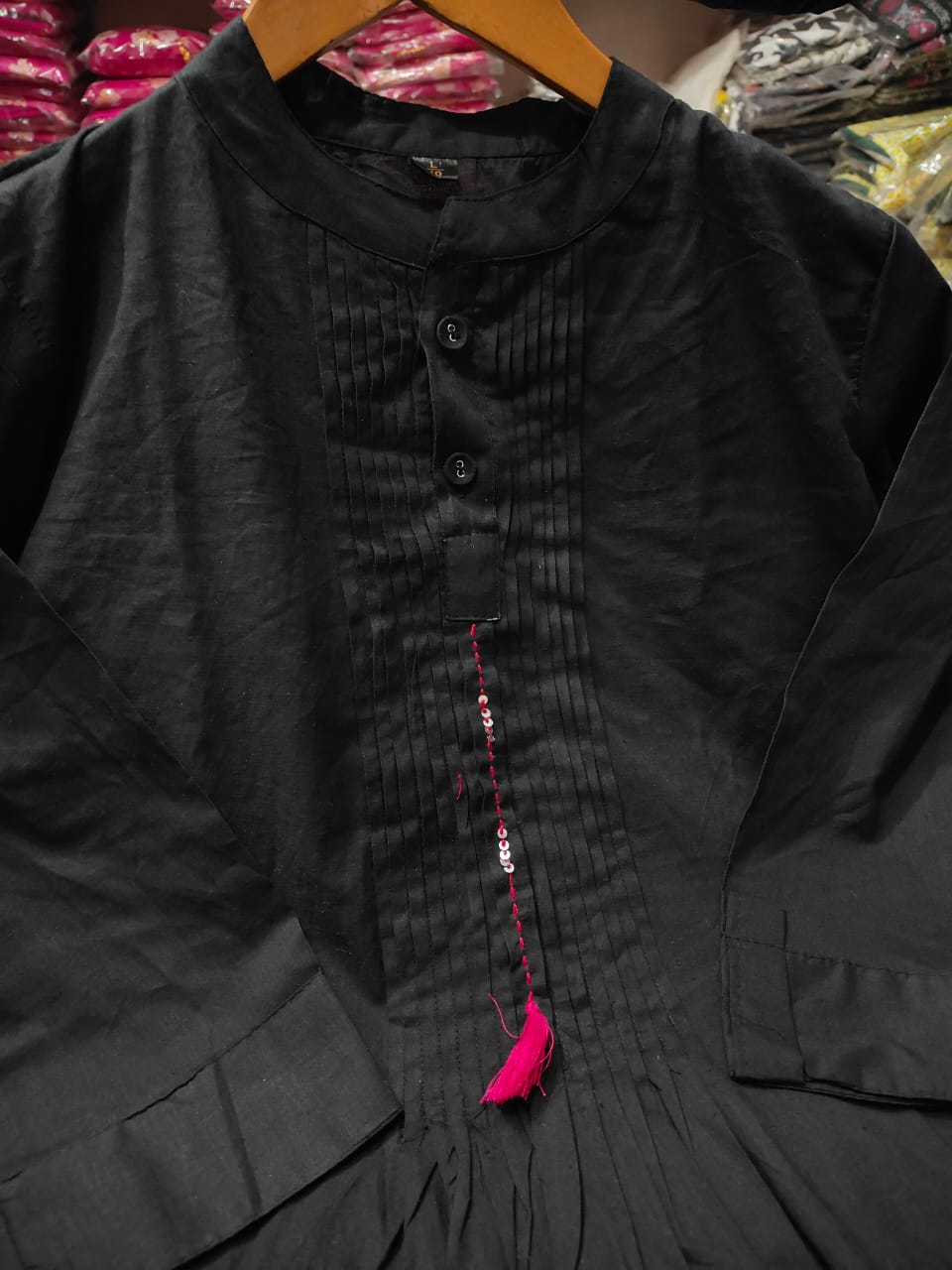 Black Cotton Pant Set: Pleated Kurta with Embellishments & Crocheted Pant