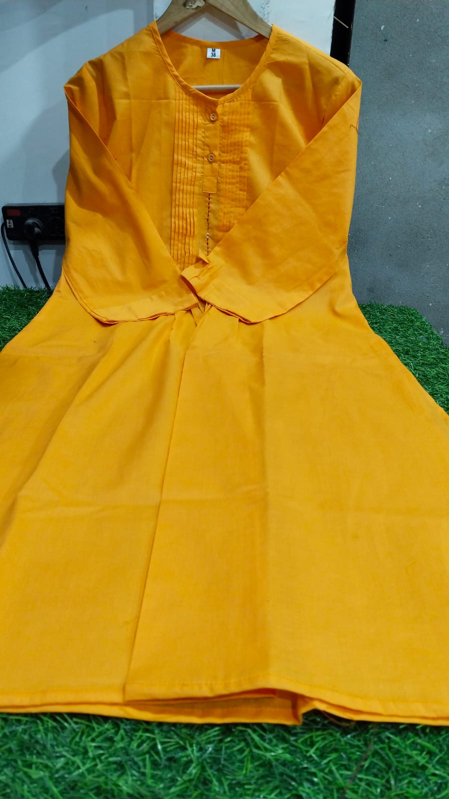 Pleated Cotton Kurta & Crochet Lace Pant Set in Yellow