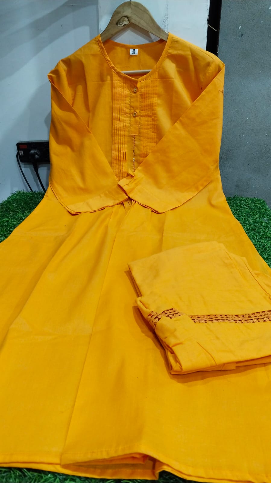 Pleated Cotton Kurta & Crochet Lace Pant Set in Yellow