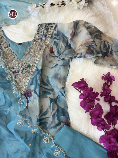 Organza Suit Set with Embroidery and Zari Weaving