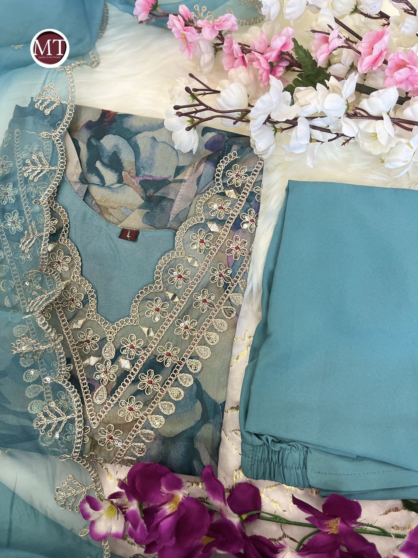 Organza Suit Set with Embroidery and Zari Weaving