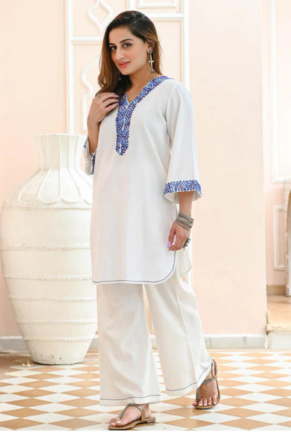White Monochromatic Cotton Pant Set with Thread Embroidery