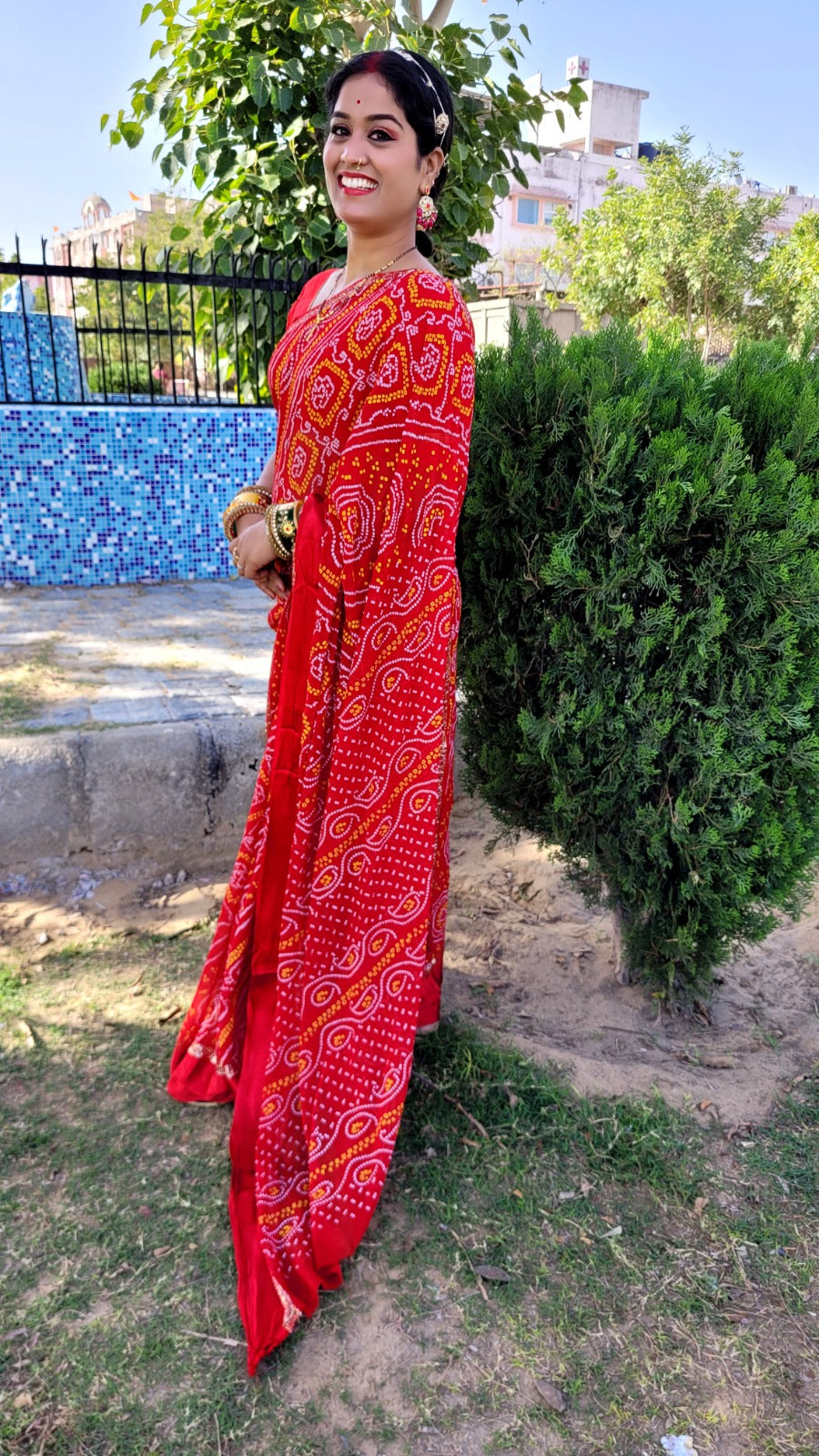 Viscose Georgette Satan Patta Saree with Bandhej Print and Contrast Blouse