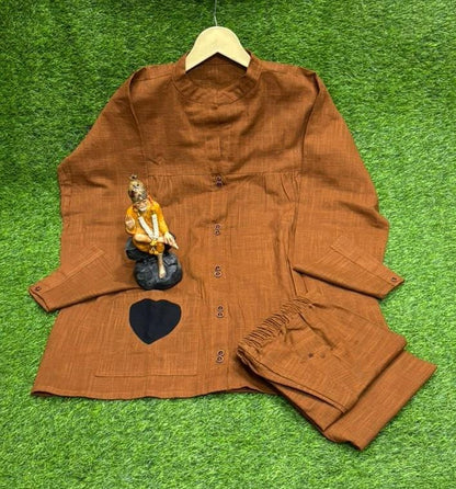 Brown Cotton Kurta Set with Full Sleeves and Pocket