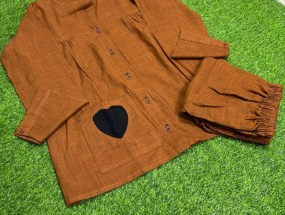 Brown Cotton Kurta Set with Full Sleeves and Pocket