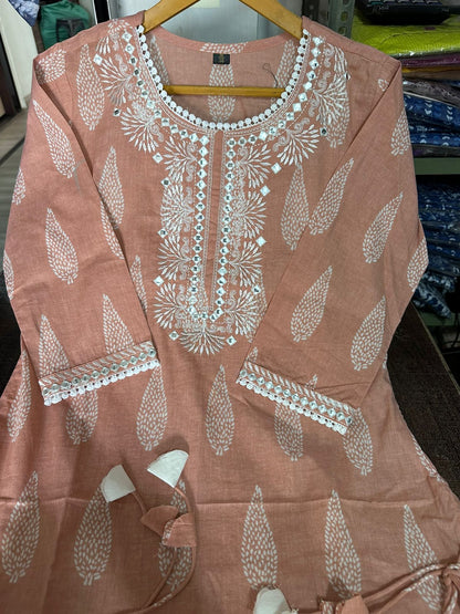 Cotton Kurti Pant Set with Embroidered Work